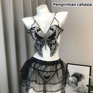 Pengiriman rahasia,baju tidur sexy,Set dua potong，Pola kupu-kupu，Tali bahu yang dapat disesuaikan，Murah.