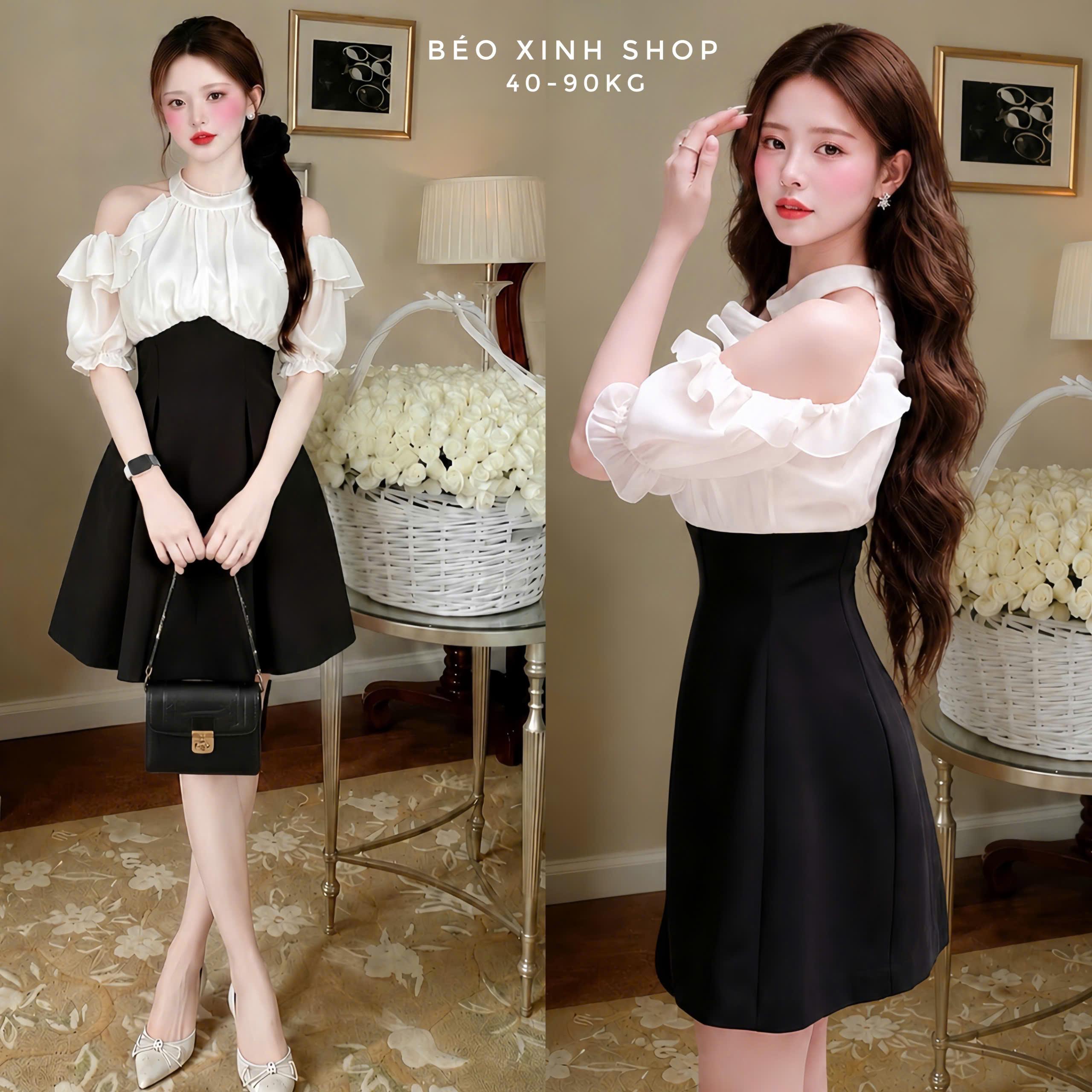 Đầm Phối Voan Trễ Vai Bèo – Váy Cotton Xòe 40–90kg Béo Xinh Shop Có Bigsize - B.1816