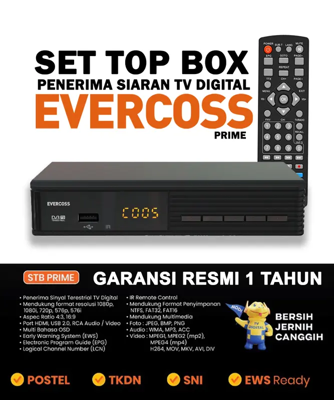 Set Top Box Evercoss GARANSI RESMI 1 Tahun !! DVB-T2 Digital Full HD Receiver Digital 1