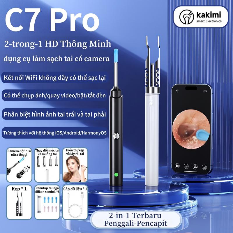 KAKIMI C7 Pro Dụng Cụ Lấy Ráy Tai Thông Minh Có Camera Bộ Lấy Ráy Tai Camera Kèm Nhíp Gắp Ráy Tai + 4 Đầu Lấy Ráy Tai Thay Thế Dụng Cụ Vệ Sinh Tai Có Camera Thiết Bị Loại Bỏ Ráy Tai C7 Pro Camera Soi Tai
