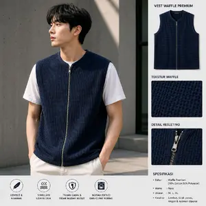 Rompi Pria Waffle Premium Navy Resleting Depan – Rompi Casual Pria Modern, Nyaman & Stylish