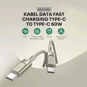 ROBOT Kabel Data Robot Fast Charging Type C to Type C 60W RZCC100 Titanium Alloy Berkualitas Tinggi 100cm