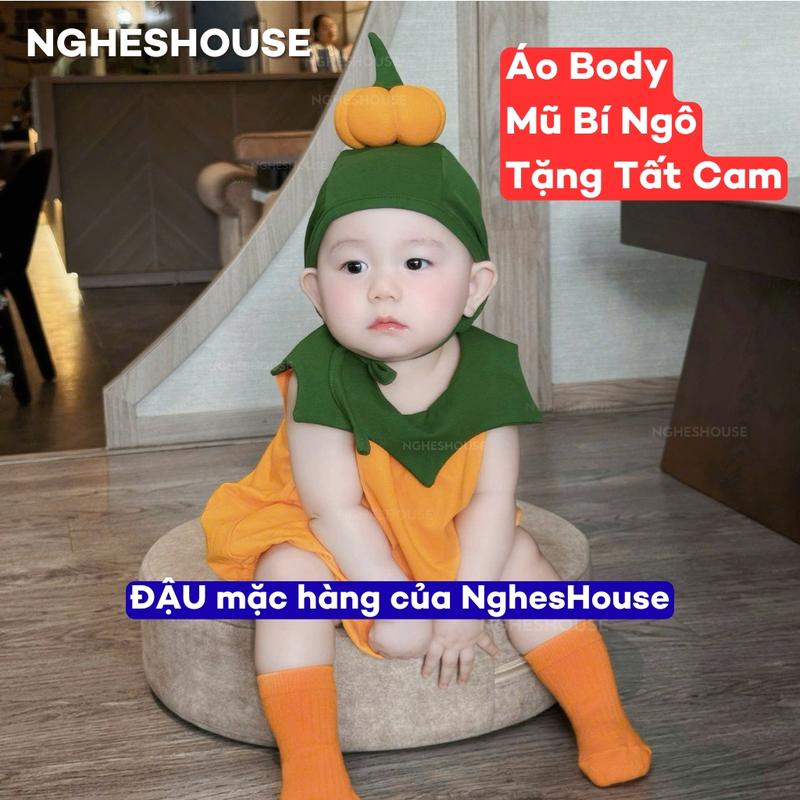 [CÓ SẴN] Body Suit Bí Ngô Halloween Tặng Tất Bí Ngô Màu Cam Chất Thun Co Giãn 4 Chiều Dành Cho Bé Trai Bé Gái NghesHouse