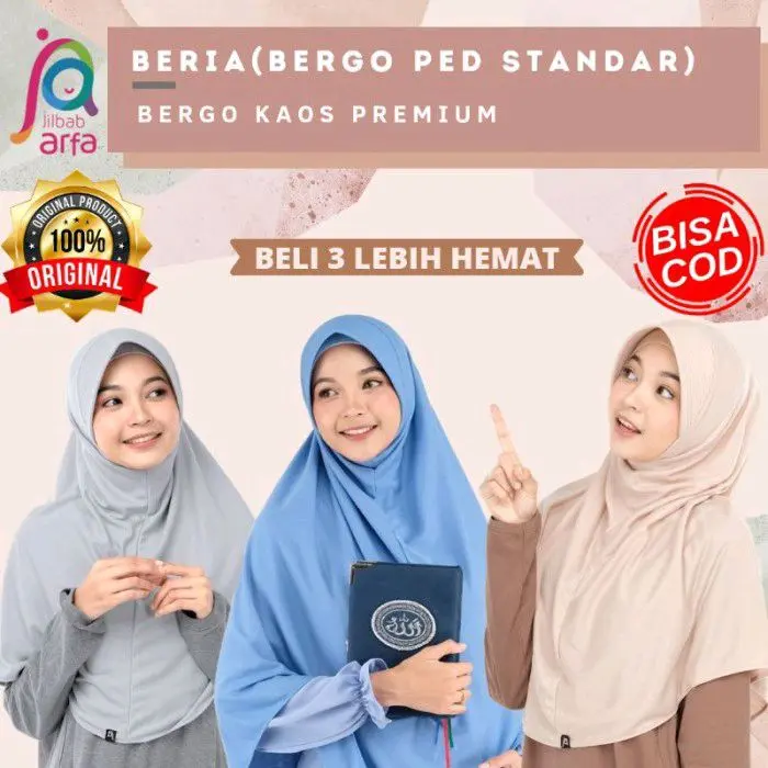 Jilbab Arfa Afra Bergo Instan BERIA Pad Standar SIZE XS,S,M,L,XL,2XL DAN 3XL Kerudung Bahan Kaos Premium Adem Dan Lembut Putih, Hitam, Navy, Coklat Panjang 0