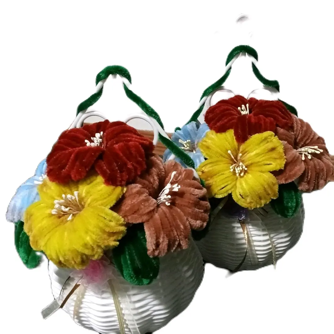 Wall Mounted Plastic Vase with Chenile Hibiscus Flower - Space-Saving Home Decor Ornament Decoration Decorative