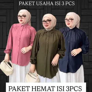 PAKET HEMAT ANNIA BLOUSE 3 PCS KEMEJA WANITA PREMIUM ELEGAN BAHAN POLO LINEN Elegan Stylish Full Kancing Karet Pergelangan Tangan