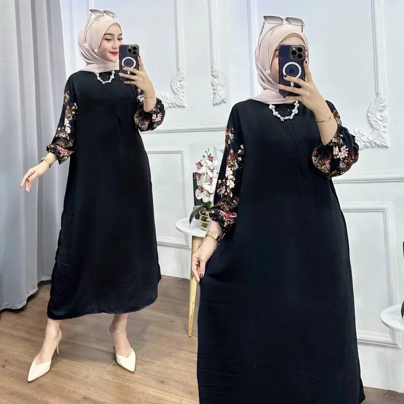 GAMIS KOMBINASI RAYON BUSUI FRIENDLY JUMBO SIZE LD120 Bunga Muslim Dress Nyaman Panjang Crinkle Garis • simpel Airflow Midi Ruffle Kotak 4