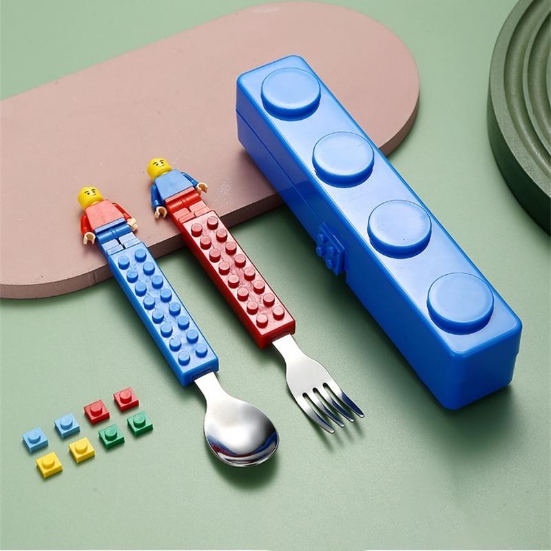 Cartoon Creative Portable Tableware Baby Stainless Steel Tableware Fun Children Assembled Building Blocks Fork Spoon Set Portable Tableware 3