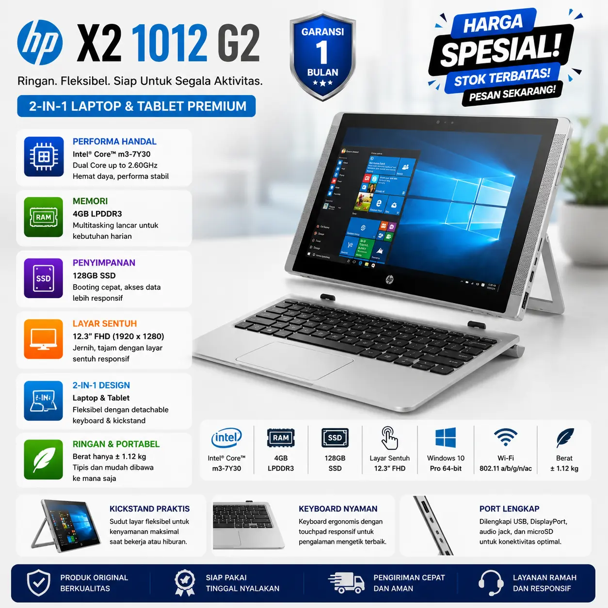 [Pre-owned]HP Elite x2 1012 G2/X2 210 G2 – Laptop 2-in-1 Premium, Ringan, Touchscreen, dan Cocok untuk Kerja Profesional maupun Aktivitas Harian.