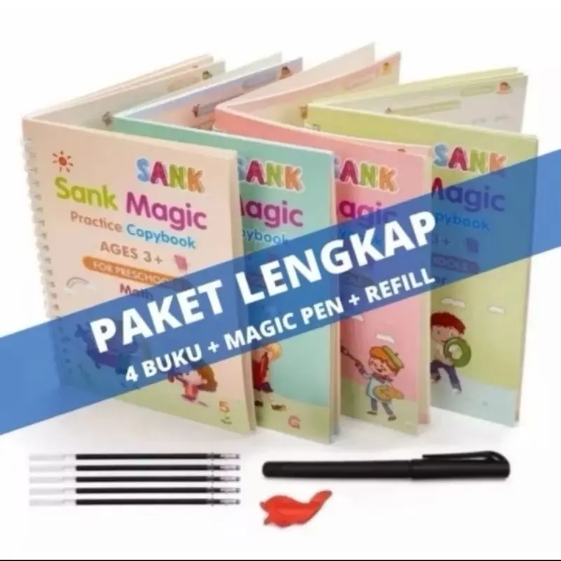 Sank Magic Book Practice 1 set isi 4 buku + pen + refill Latihan Belajar Menulis PAUD TK Huruf Angka