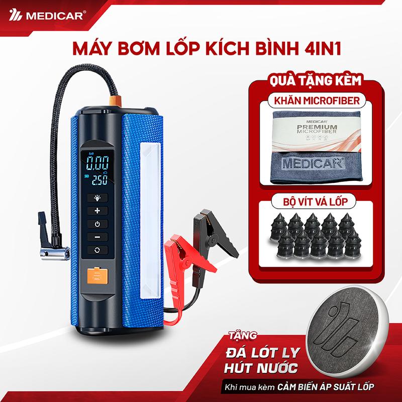 Máy bơm lốp kích bình 4in1 Medicar - Bơm lốp ô tô tốc độ cao, kích bình xe hơi an toàn, đèn chiếu sáng, sạc dự phòng