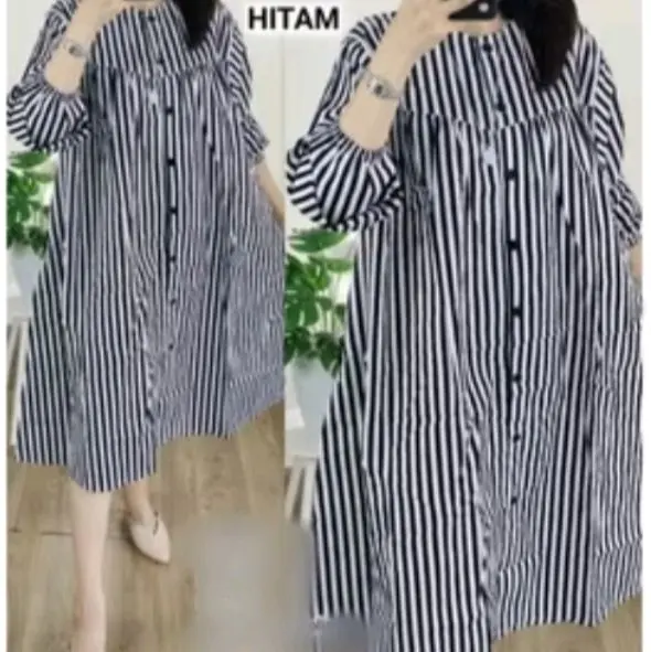 tunik salur wanita Atasan Panjang Katun Dewasa Motif Garis Baju Stripe Top terbaru 2025 Dress Casual 5