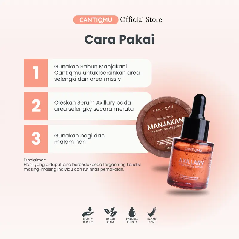 CANTIQMU Bundling Axillary Brightening Serum 20ml dan Natural Soap Manjakani 20gr 3