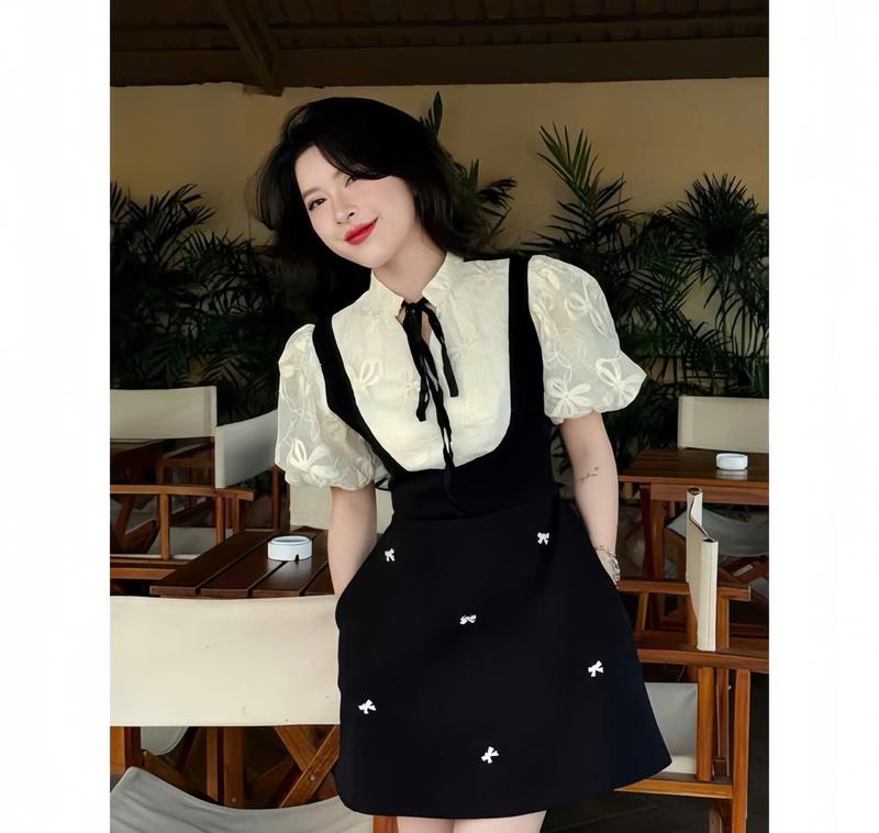 Đầm Dự Tiệc Phối Yếm Thêu Nơ Sang Trọng Bigsize 58-90kg Linhh Nguyen Bigsize