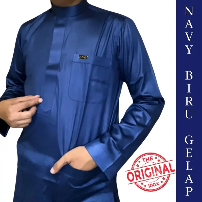 Baju koko Navy Original Saudi Polyester Import lengan panjang polos / Baju Pria Muslim Elit, Mewah, Berkelas dan Berkualitas Alghin Exclusive 51 0