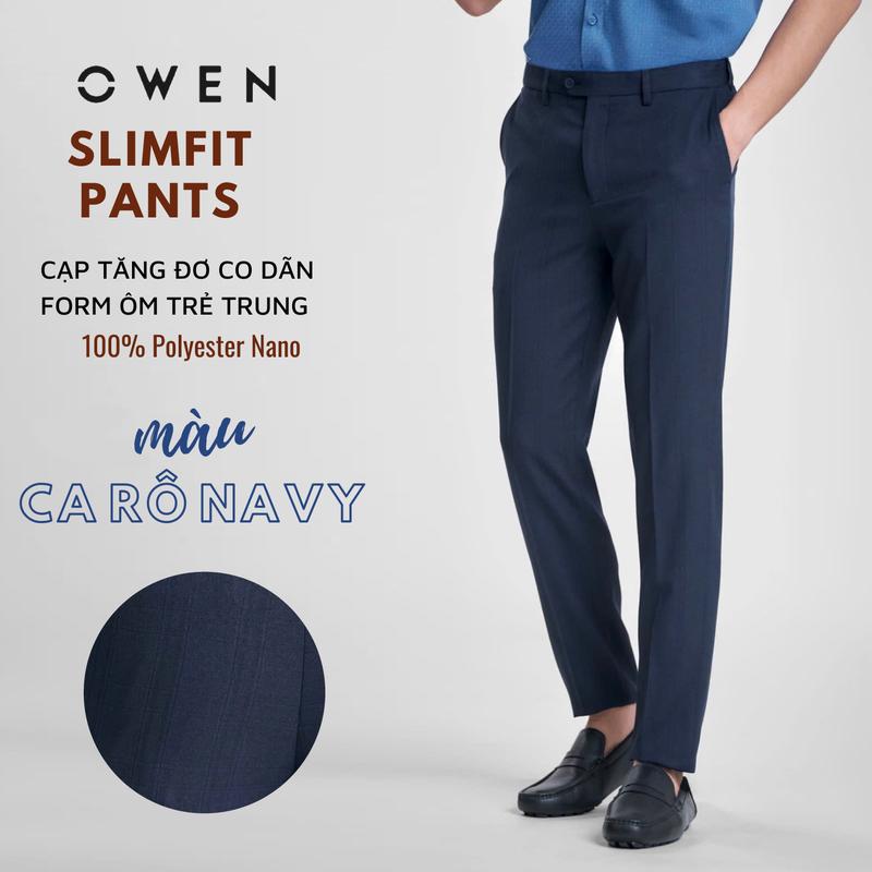 OWEN - Quần âu nam Owen Slimfit (dáng ôm) 242820  có cạp tăng đơ co dãn màu xanh đậm kẻ ca rô Menswear Pants