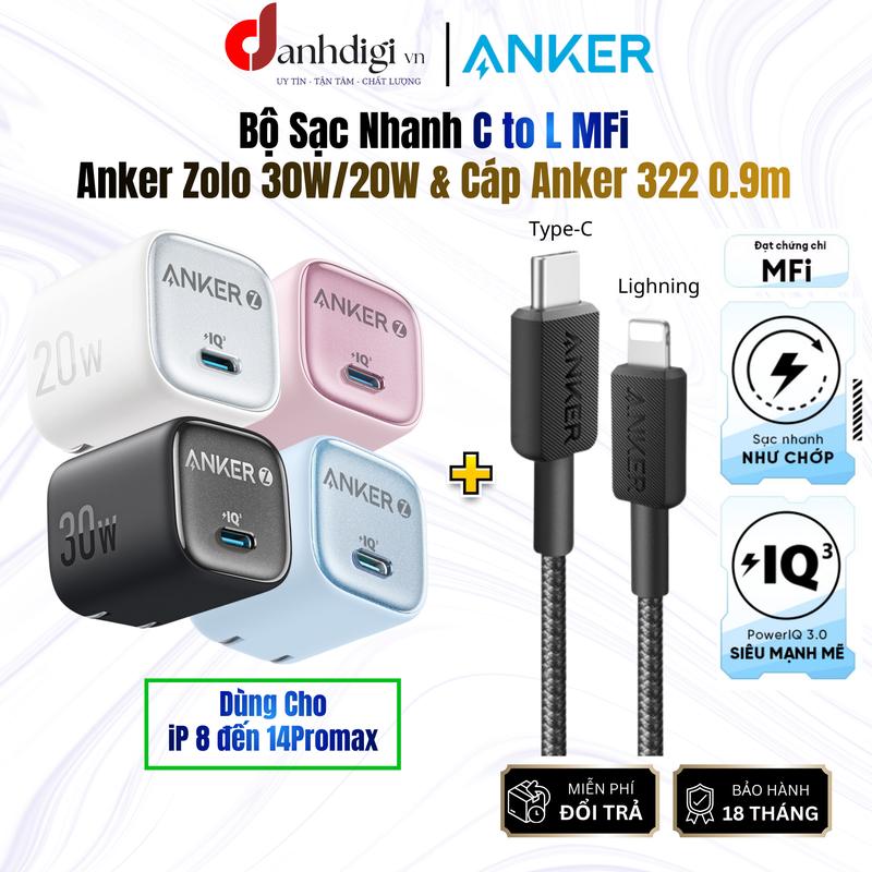 iP8-14Prm Bộ Sạc Nhanh Anker 20W 30W Anker Zolo A2698 A2699 & Cáp 322 Type-C to Lightning MFI Tương Thích iPhon 14promax 14pro 13promax 12promax 11promax xsm 8plus Bh 18 Tháng