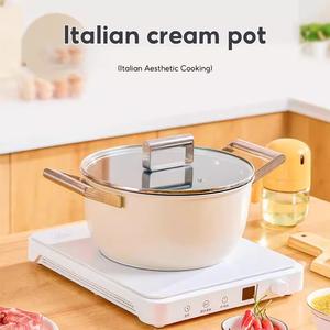 Italian Cream Pot Double-Ear Soup Pot with Lid Deep Flying Pan Stew Pot Suitable for All Stovetops & Induction Cooktops Italian Aesthetic Cooking