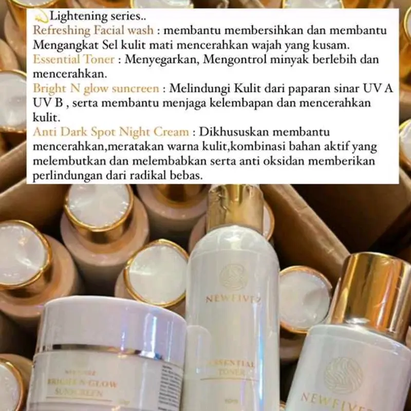Newfivez Lightening Series Paket Flek Hitam Dan Anti Aging skincare mencerahkan Perawatan Wajah Kusam Kerutan Memudarkan 5