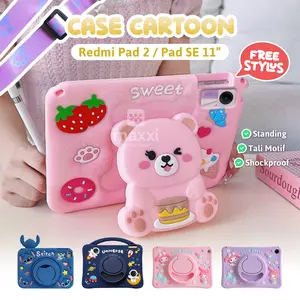 Case For Redmi Pad 2 11" 2025 Universal / Redmi Pad SE 11 2023 Xiaomi Pad SE 11" Inch WiFi Casing Tablet Softcase Anak Pink Bear Rotate 360 Kesing Stand Karakter Cewek Lucu Cover Slot Pen Tali Motif Stylus Silicone