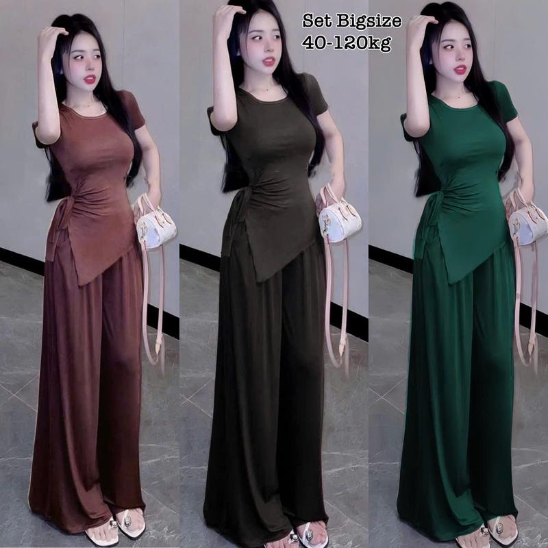 Thời Trang Bigsize - Set Bộ Dài Thun Tăm Bigsize Xinh Nhún eo Buộc Nơ Che Giấu Bụng Hot Hit Áo cổ tròn mix Quần ống suông Nữ Cho Nàng Chuppy Sang Chảnh Cao Cấp Xinh Đẹp Sang Trọng Dễ Thương Giá Rẻ 40-120kg 2482