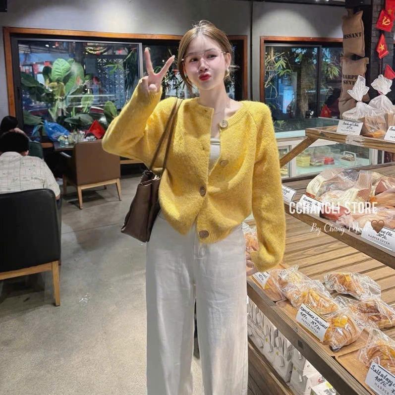 nhatran - Áo khoác nữ cardigan len lông mịn cúc gỗ tay dài cổ tròn Top Women Màu VÀNG MUSTARD