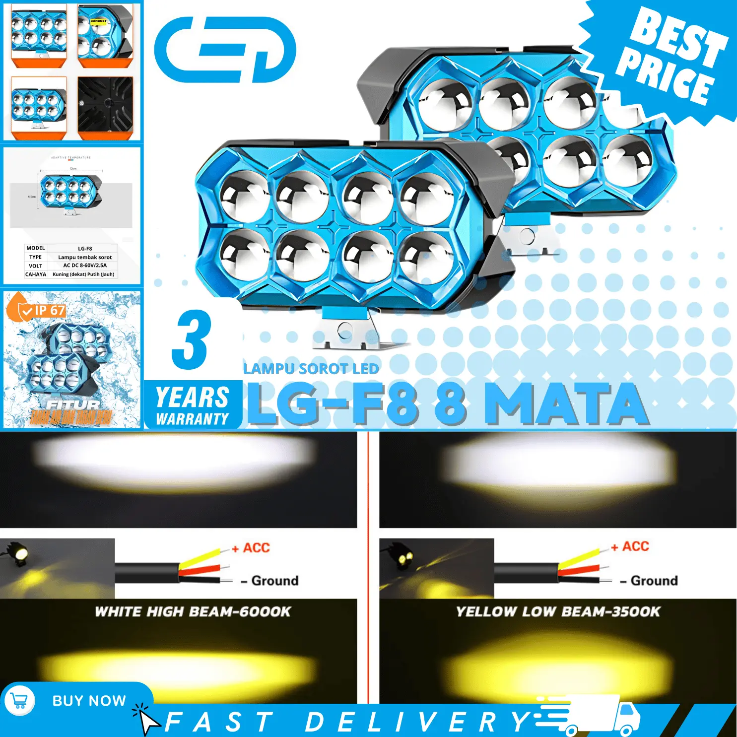 【CED】Lampu Sorot LED 8 Mata LG-F8 | Super Terang 45W - Tahan Air IP67 - Garansi 36 Bulan