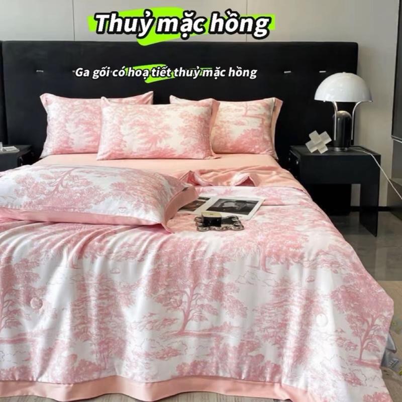 Bộ 4 MÓN (KHÔNG CÓ VỎ ÔM)lụa thái - 1 ga chun + 2 vỏ gối nằm- nhiều họa tiết sang trọng mềm mịn thoáng mát
