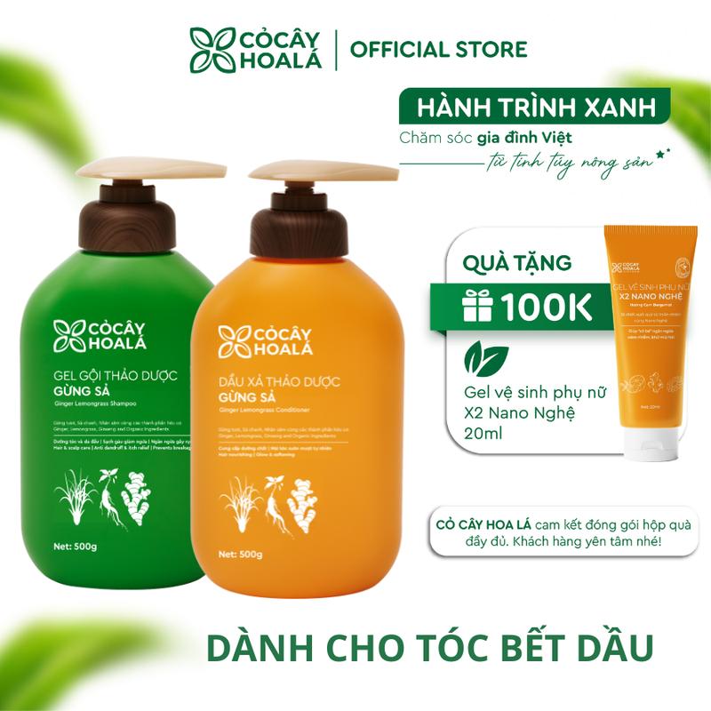 [LIVESTREAM] Combo Dầu Gội Xả Thảo Dược Cỏ Cây Hoa Lá Gừng Sả - Hỗ trợ Giảm Bết Dầu Gàu 500g/Chai - Tặng Dung Dịch Vệ Sinh Gel X2 Nano Nghệ 20ml