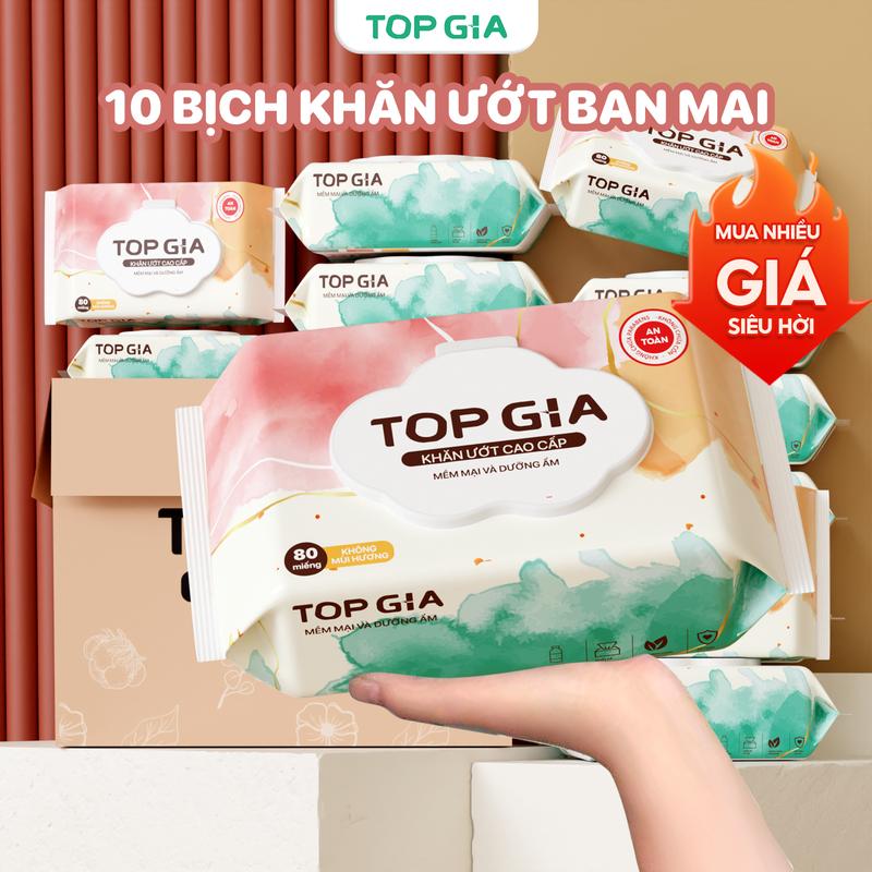 [FLASH SALE - KHÔNG CỒN, DỊU NHẸ] Thùng 10 bịch 80 tờ khăn ướt cao cấp TOP GIA không cồn, mềm mại, tiện lợi, an toàn cho mọi làn da phù hợp với cả mẹ và cho bé khăn giấy giấy ăn khăn lau giadung tienich FS2 (KU)