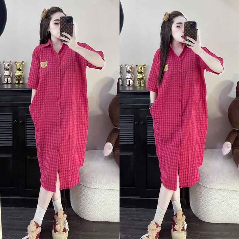 Đầm bầu công sở cổ sơ mi hoạ tiết kẻ sọc siêu xinh