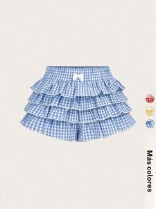 Pantalones cortos de capa escalonada con decoración de lazo con estampado de guinga para mujer, pantalones cortos casuales de cintura elástica, parte inferior de mujer para el verano