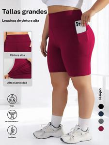 Shorts ajustados de mujer en talla grande, color sólido, shorts de gimnasio de cintura alta con bolsillos, ropa interior para yoga y fitness, cómodos para uso diario