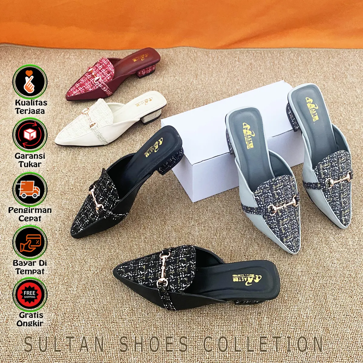 Sultan Shoes | Sepatu / Sandal Slop Slip On Flat Shoes Wanita Hak Tahu Tinggi 3 Cm Anti Selip Anggun Mules & Colgs Casual Kekinian Terbaru | Spatu / Sendal High Heels Slop Kokop Flip Flops Bapau Kondangan