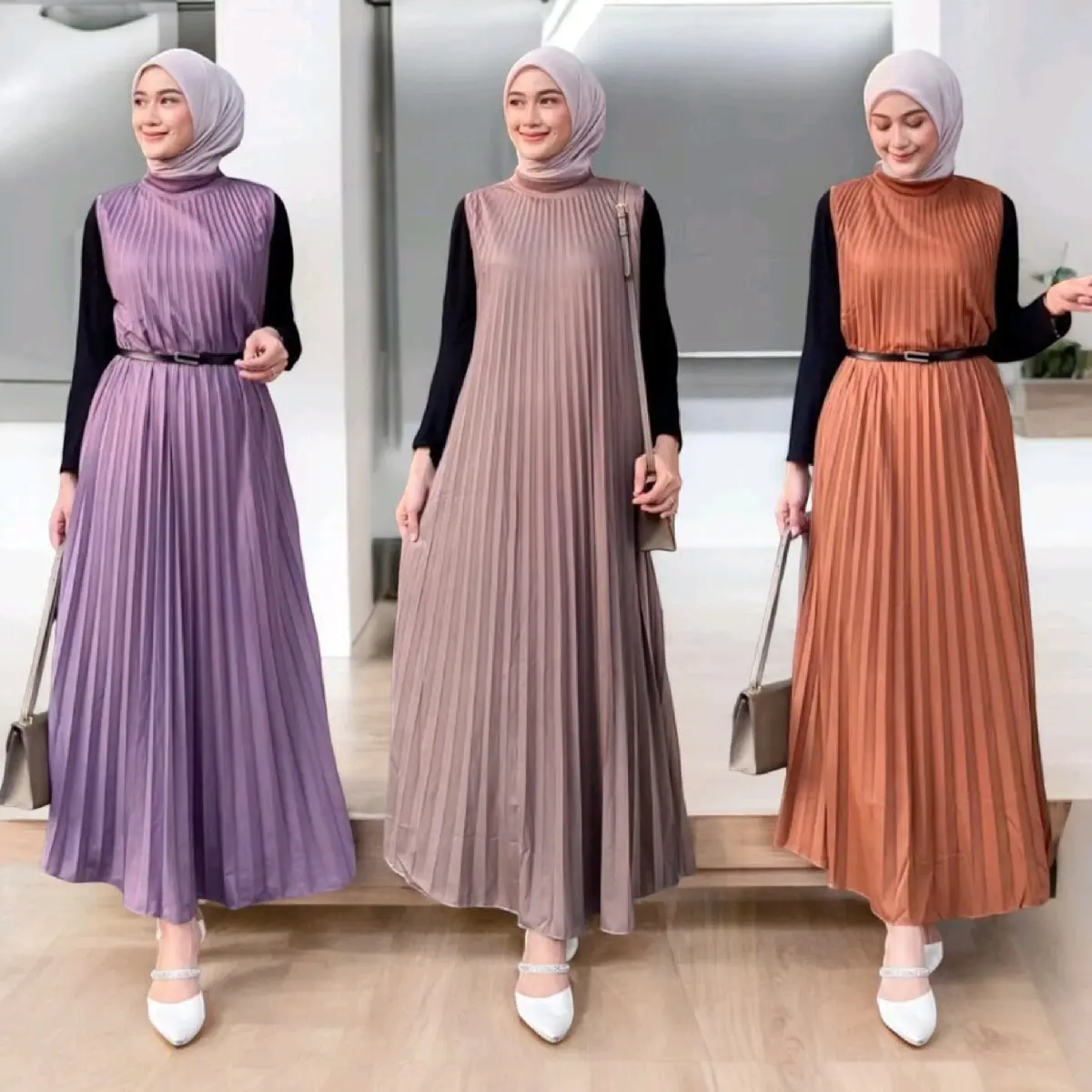 Dress Plisket Premium Polos Inner Lengan Buntung Wanita Muslim - Panjang, Atasan gaun lebaran Gamis birthday baju