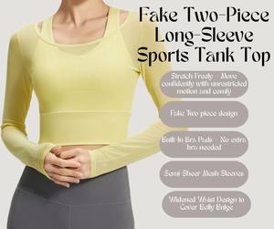 Fake Two Piece Peach Mesh Layered-Look Yoga Top (Long Sleeve, Spring/Autumn) – Built-in Bra, No Need for Undergarments, Sports & Fitness Shirt [YA22]