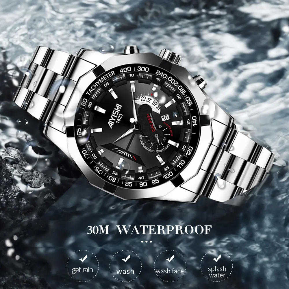 AIYISHI Jam Tangan Pria Mewah & Sporti 1623 Multifungsi Tahan Air 30M Dial Hitam Bodi Stainless Steel Garansi 2 Tahun Kaca Kristal Kuarsa Otomatis AIYISHI Jam Tangan Pria Mewah & Sporti 1623 Multifungsi Tahan Air 30M Dial Hitam Bodi Stainless Steel Garansi 2 Tahun Kaca Kristal Kuarsa Otomatis