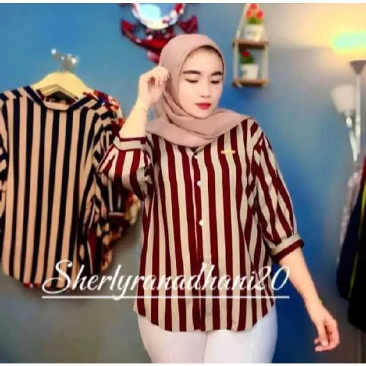 COD !!! Kemeja Wanita Jumbo Motif Salur Ld 120 Kemeja Wanita Lengan Panjang Terlaris baju wanita model /motif Salur Baju kemeja wanita motif garis