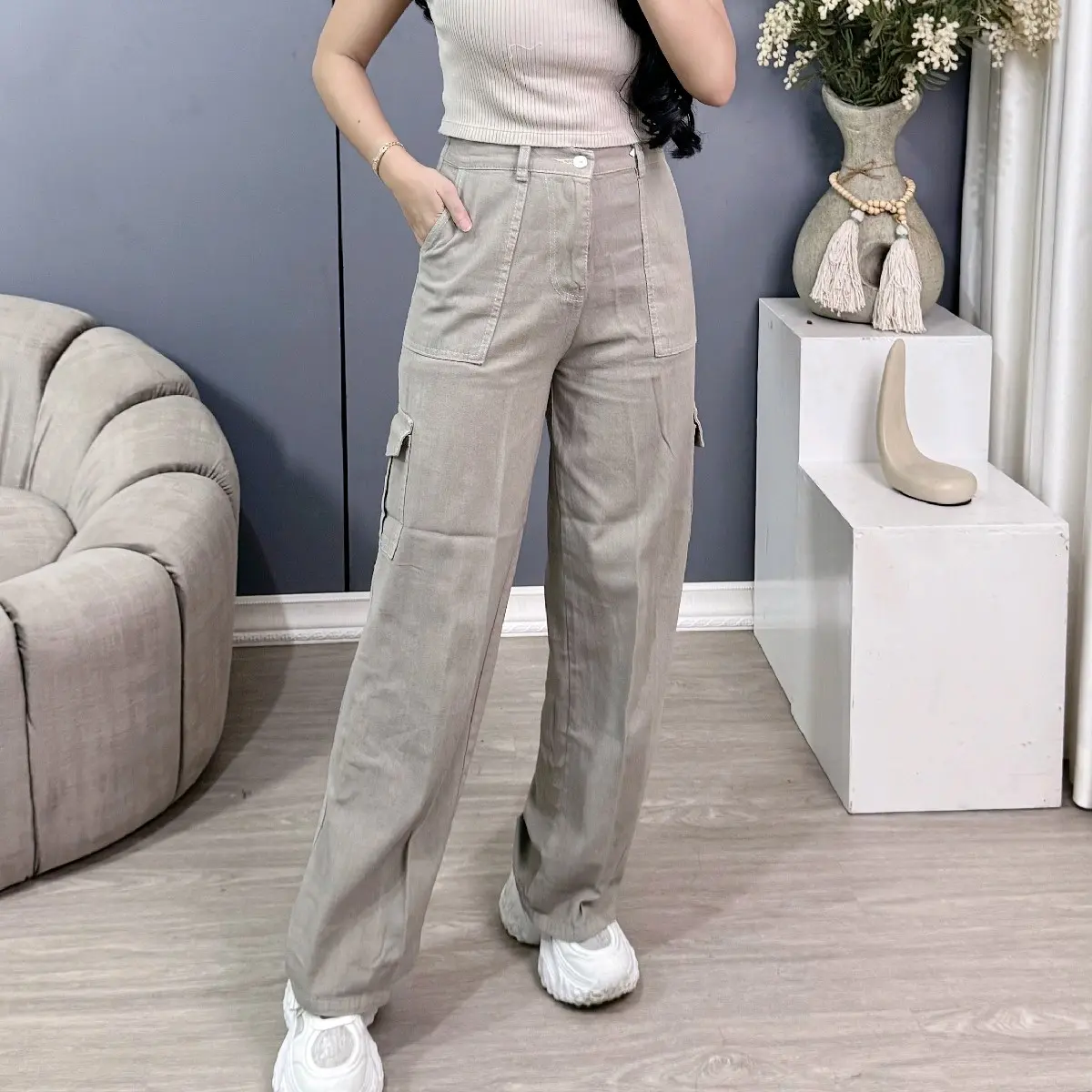 Naysqii-Highwaist Kulot Cargo Jeans Wanita - Celana Panjang Wanita Cewek Hitam Kancing Karet Samping Nyaman Formal Tebal