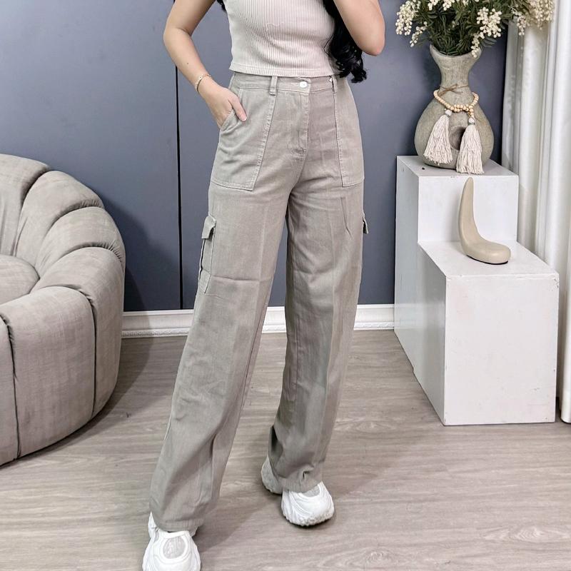 Naysqii-Highwaist Kulot Cargo Jeans Wanita - Celana Panjang Wanita Cewek Hitam Kancing Karet Samping Nyaman Formal Tebal 2