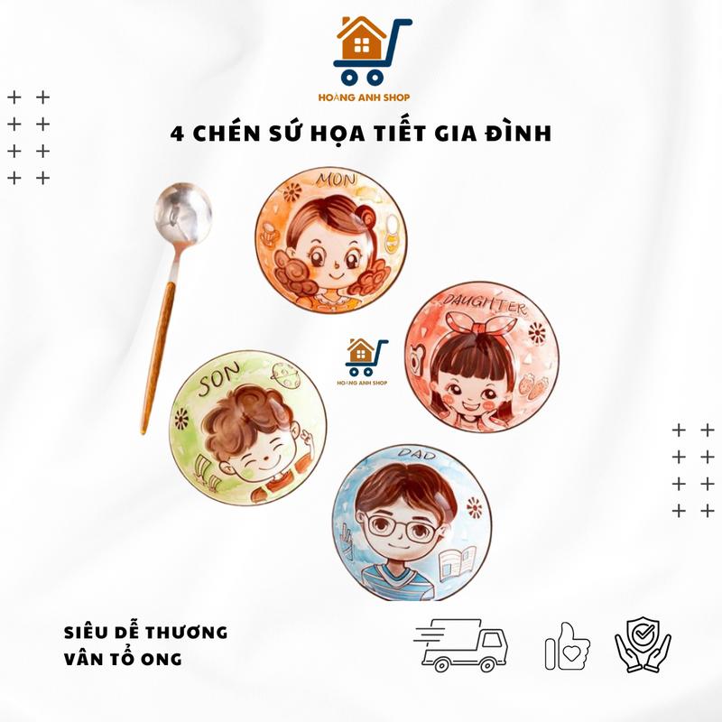 Bộ Chén Sứ Gia Đình Dễ Thương Bát Ăn Cơm Vân Tổ Ong Tráng Men Cao Cấp Chén Dad Mom Son Daughter