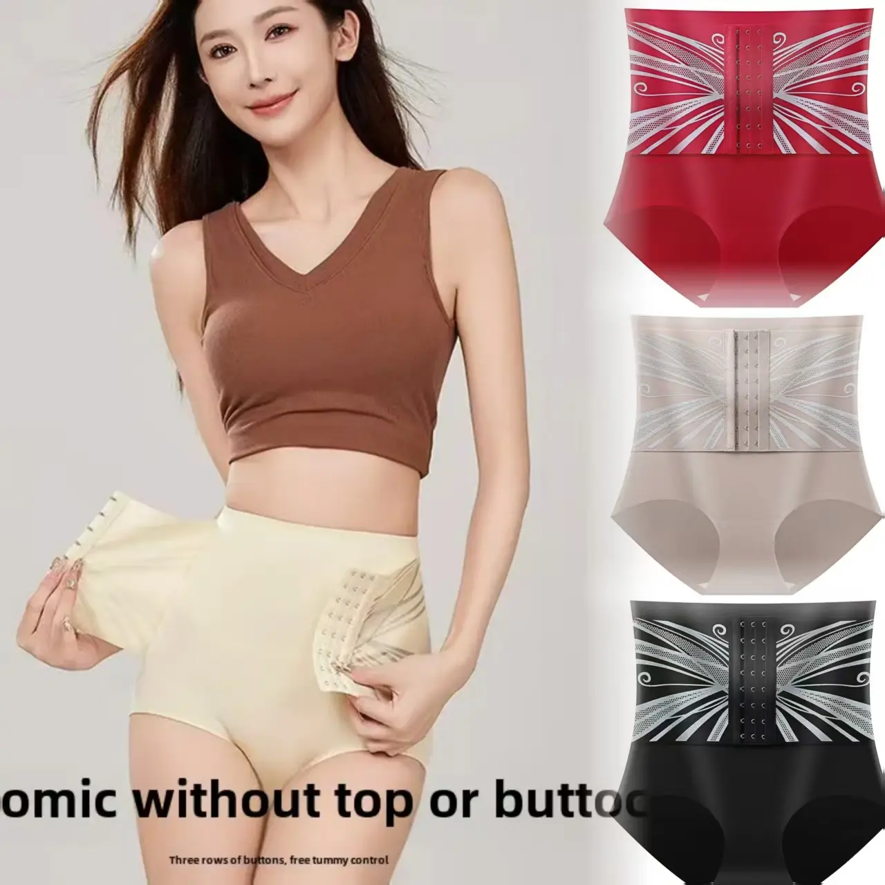 Seluar Shapewear Lancar, dengan Cangkuk dan Mata, Pinggang Tinggi, Seluar Dalam Kawalan Perut Dua Lapisan, Pinggang-Mengikat, Seluar Badan Mencantikkan, Reka Bentuk 8E
