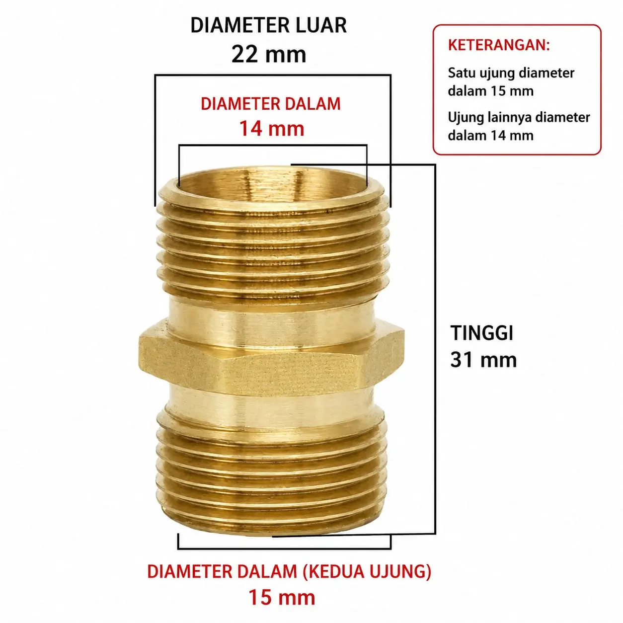 Nepel sambungan selang jet cleaner ukuran M22 lubang  >  (15mm dan 14mm)