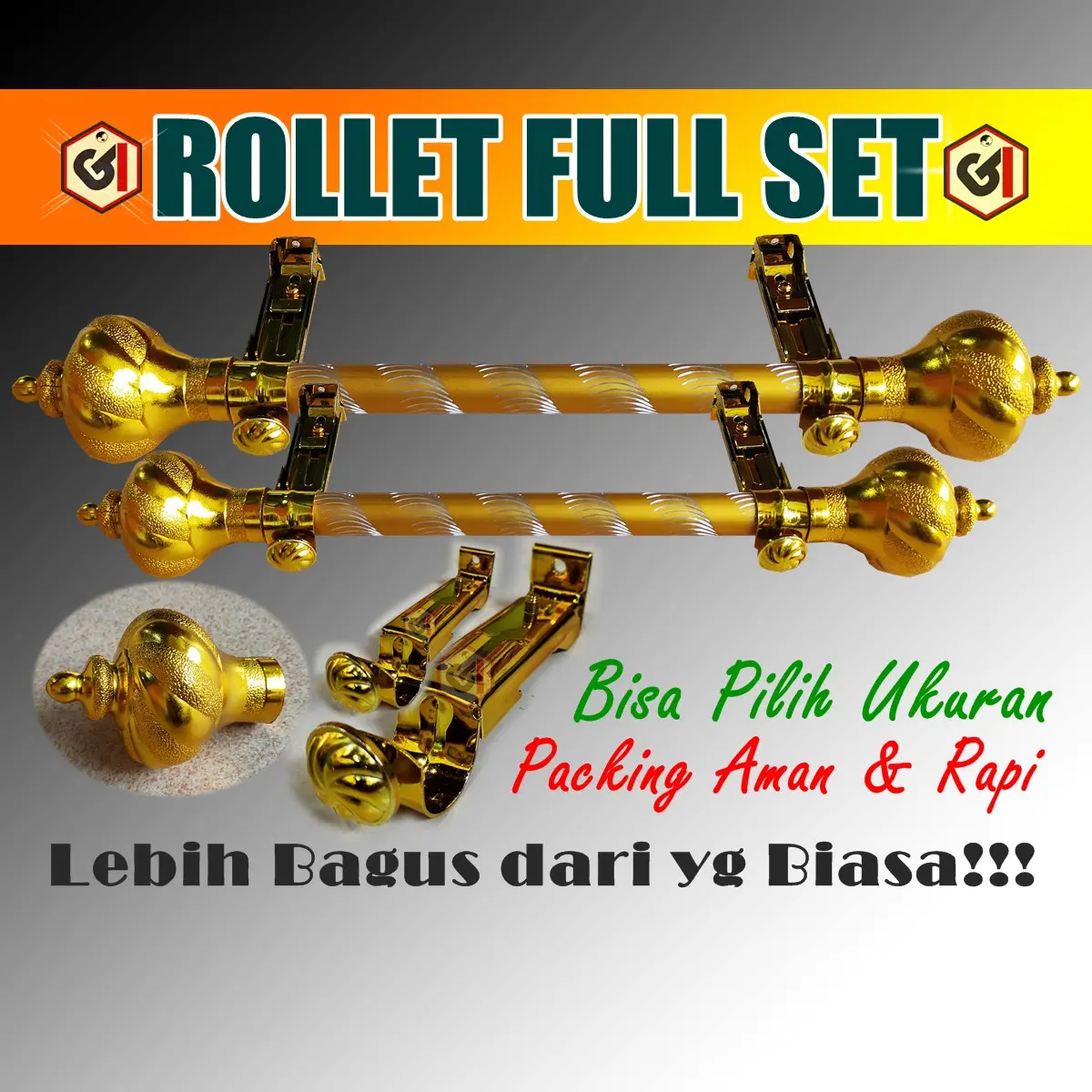MURAH! Rollet Gorden Full Set Tongkat Hodeng Rel Korden Warna Gold Ulir Bahan Aluminium Tersedia Berbagai Ukuran