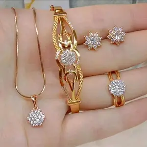 Set perhiasan wanita titanium motif bunga full mata T51CV lapis emas anti karat