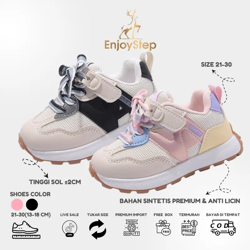 Enjoystep Sepatu Sneakers Anak Import Premium Quality S168 Fashion BLACK  Size 22 CM