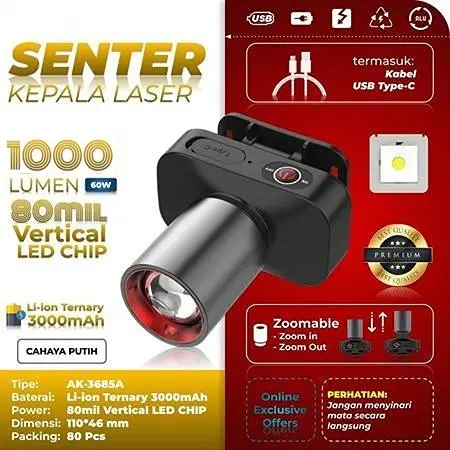 Senter Kepala Cahaya Maksimal Plus RechargePro dengan USB-C, 60W Fokus & Penyebaran Zoom 1000Lumen 1100Lumen