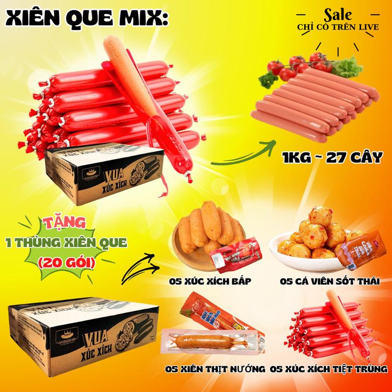 [ƯU ĐÃI LIVE LIVE] - COMBO XIÊN QUE MIX: 1KG xúc xích tiệt trùng (35gr/cây = 27 cây/kg) TẶNG KÈM 1 thùng xiên que 4 vị: Cá viên sốt thái, xúc xích bắp giòn, xiên thịt nướng, xúc xích. Đồ ăn vặt, snack, ăn vặt, cay