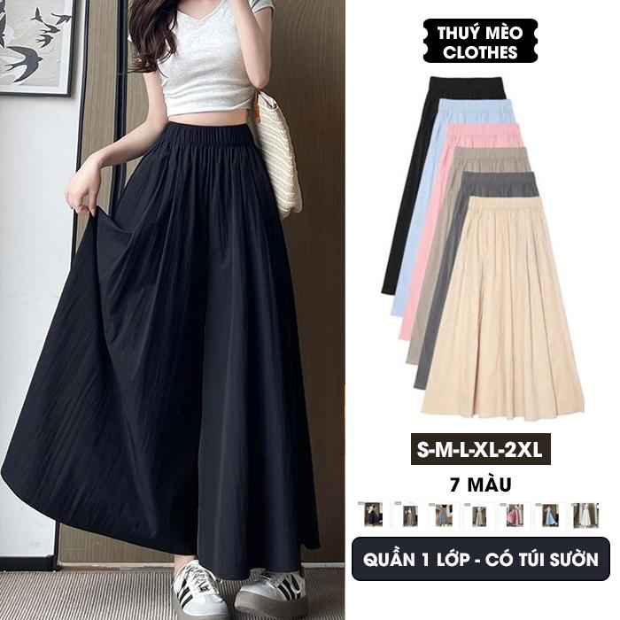 Quần Gió ống rộng dáng váy cạp chun có big size có túi mặc xuân hè thu đông màu đen hồng xanh nâu ghi be. Chiều dài 90cm. Quần suông quần váy mặc mát.