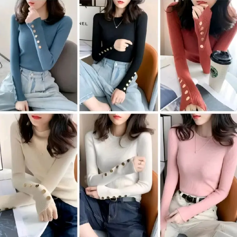ATASAN BAJU RAJUT WANITA lengan kancing Baju Rajut Wanita Kaos Import wanita lengan panjang 5